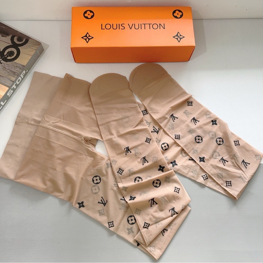 Beige Monogram Sheer Socks with Black Logo Motifs
